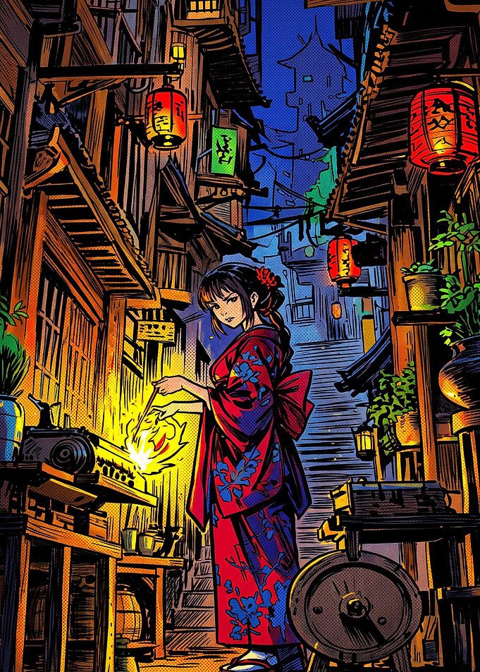 Anime Girl Cooking in Night Alley