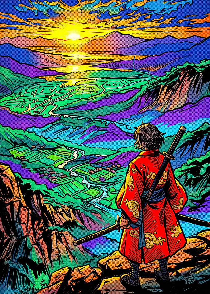 Samurai overlooking a vibrant valley