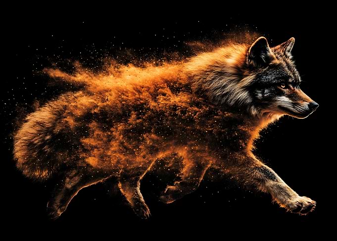Fiery Wolf Running in Darkness