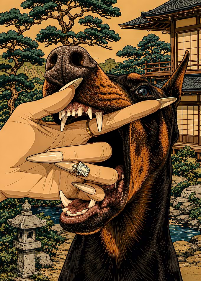 Doberman and Hand in Japanese Garden