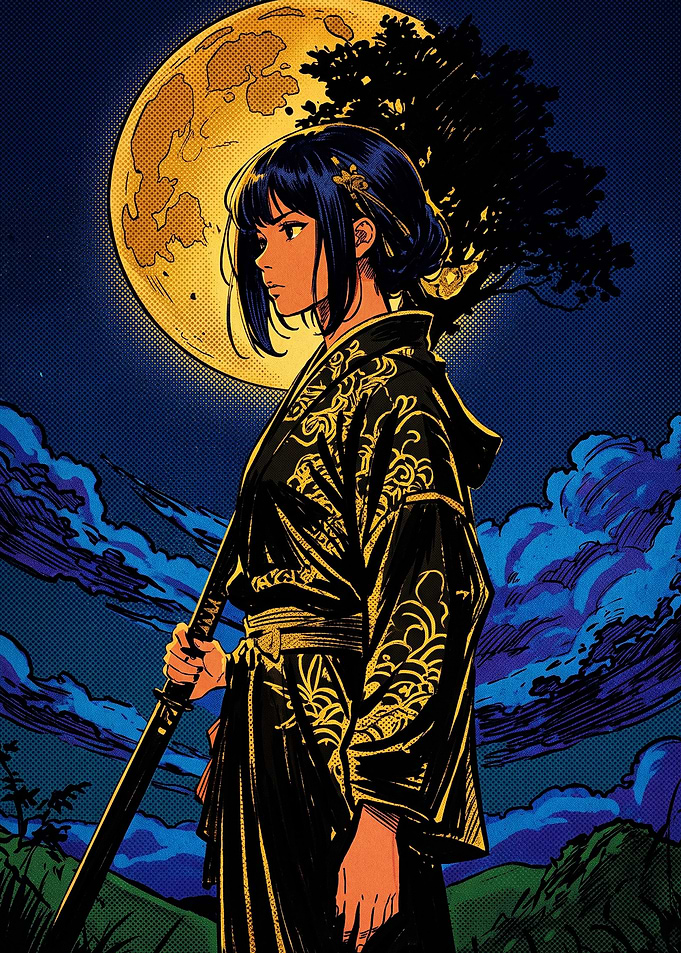 Samurai Girl Under Full Moon