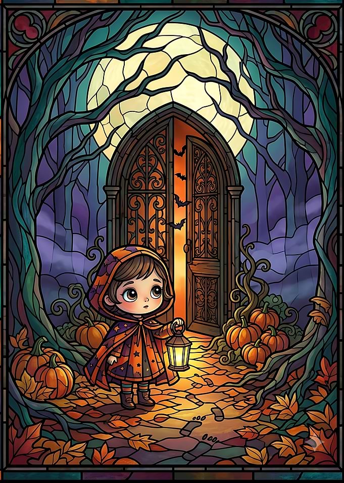 Stained Glass Halloween Girl with Lantern
