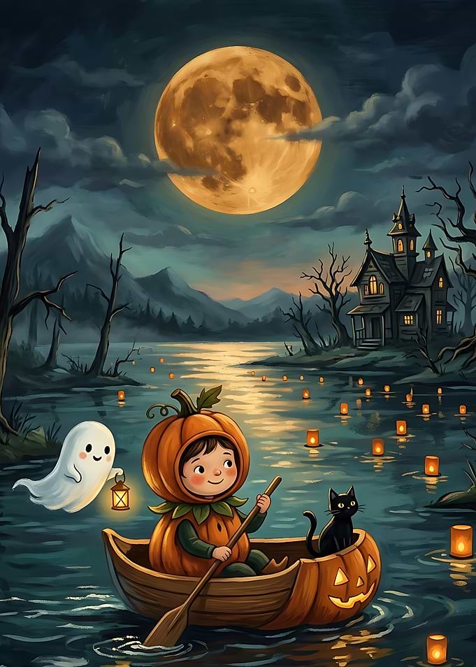 Child in Pumpkin Boat on Halloween