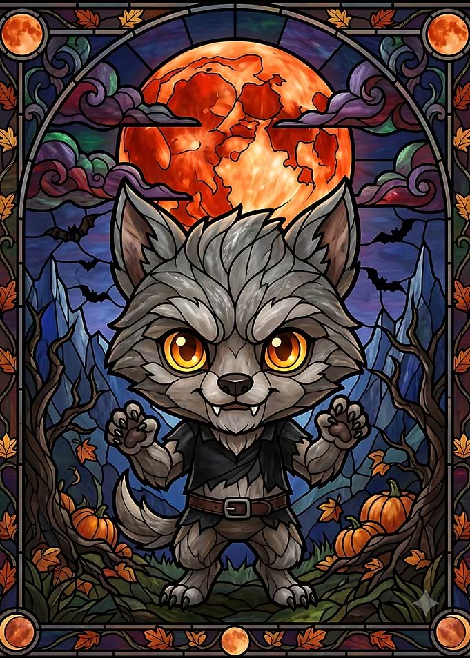 Stained Glass Chibi Werewolf Halloween Art