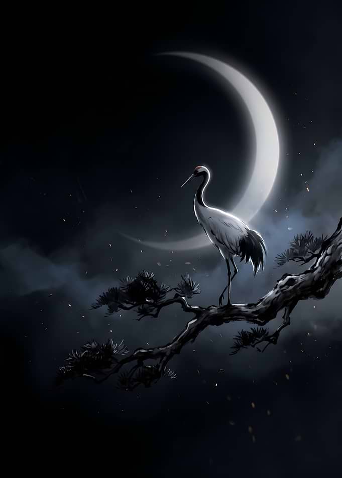 Red-Crowned Crane Under Crescent Moon