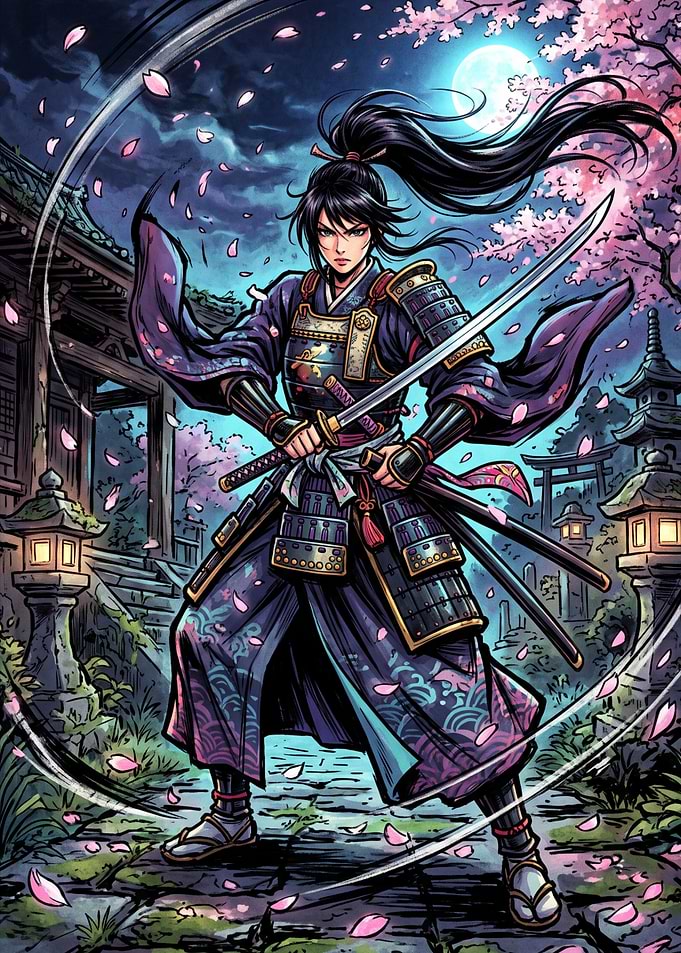 Female Samurai Warrior Under Cherry Blossoms