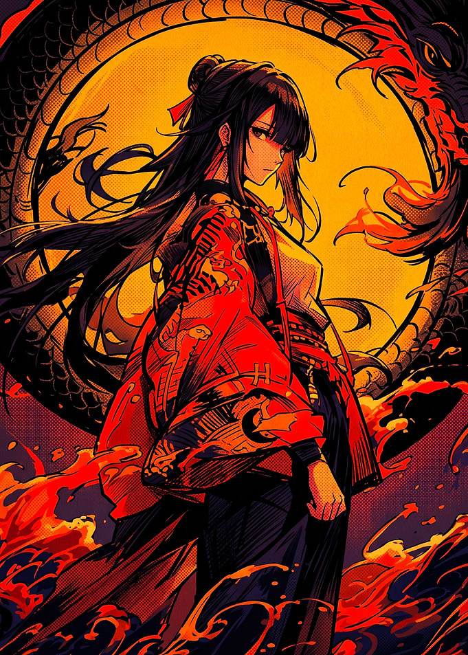 Anime Girl with Dragon and Fire