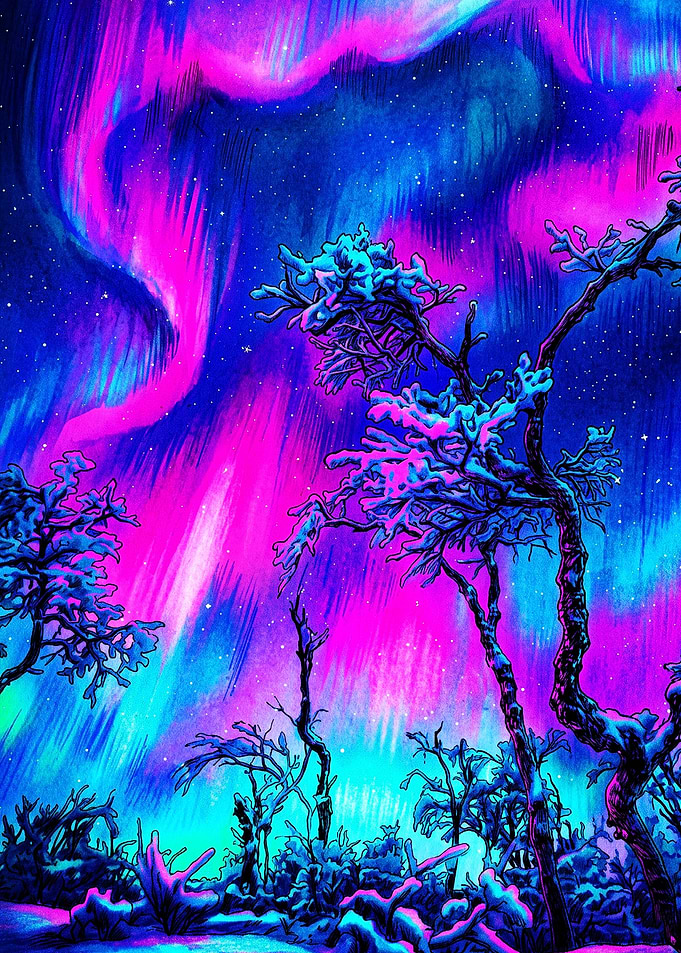 Neon Aurora Borealis Winter Forest