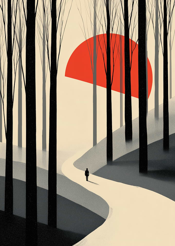 Lone Walker in a Red Sun Forest