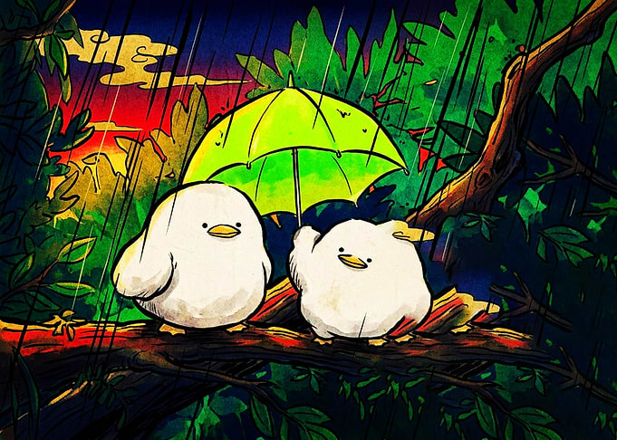 Two Cute Birds Sharing an Umbrella