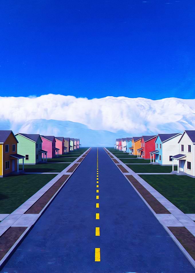 Surreal Suburban Street with Colorful Houses