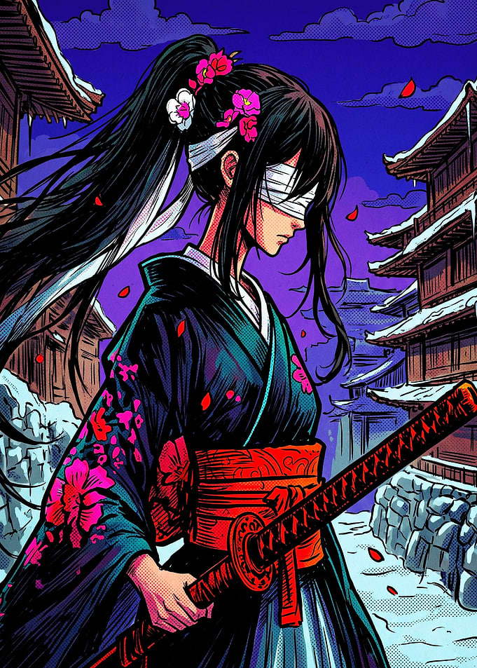 Blindfolded Samurai Girl in Winter