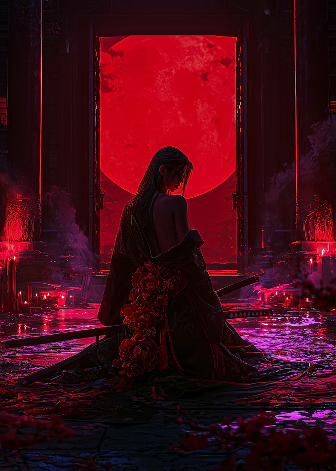 Samurai Woman Under Red Moon