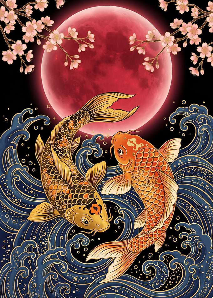 Crimson Moon Koi — Japanese Ukiyo-e Golden Koi Fish