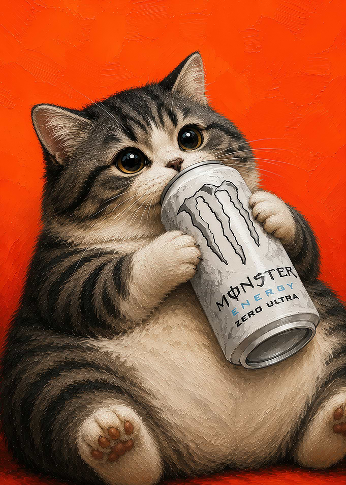 Cute Cat Drinking Monster Energy