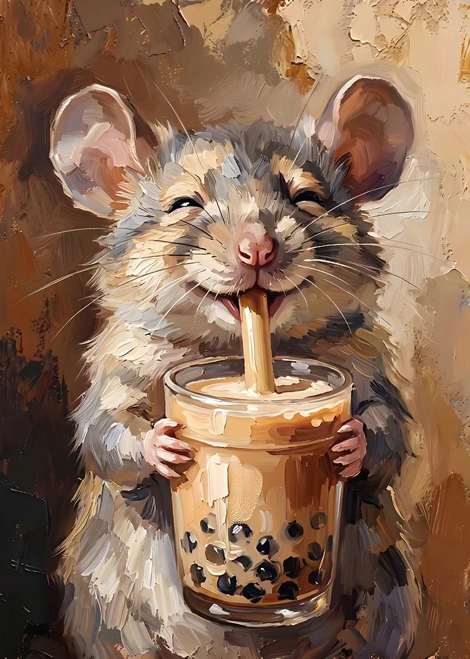 Mouse Drinking Boba Painting