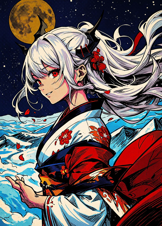 Anime Girl in Kimono Under Moon