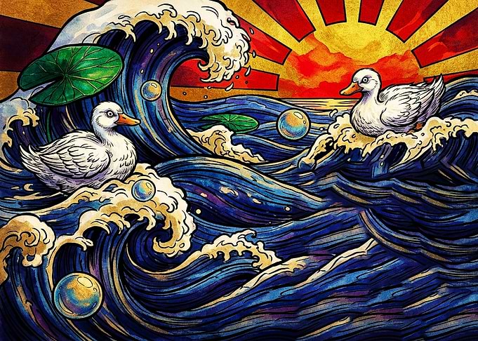 Ducks in Ukiyo-e Style Waves