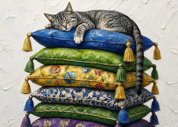 Tabby Cat Sleeping on Stacked Pillows