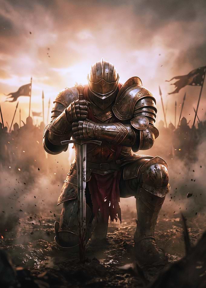 Knight Kneeling on Battlefield