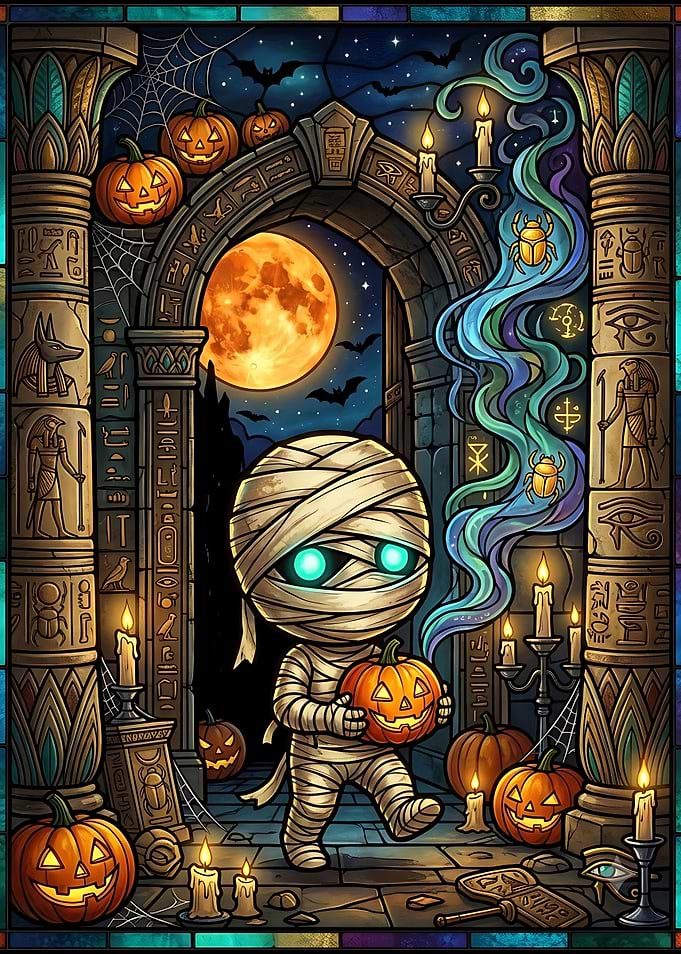 Cute Mummy Holding Halloween Pumpkin