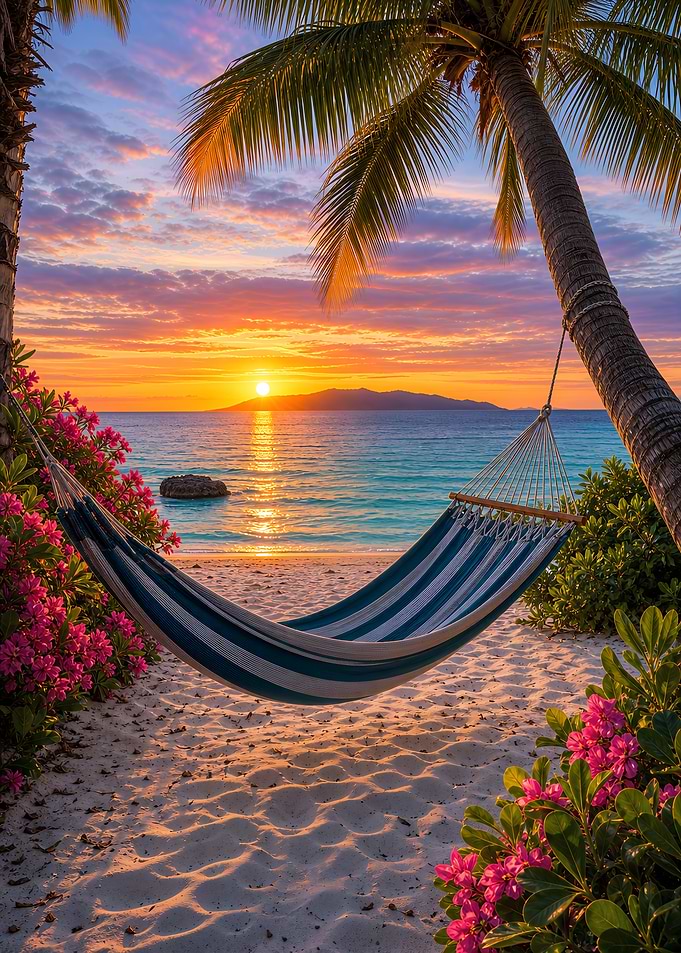 Tropical Sea Beach Hammock at Sunset
