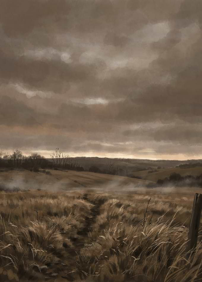 Moody Sepia Landscape with Foggy Field