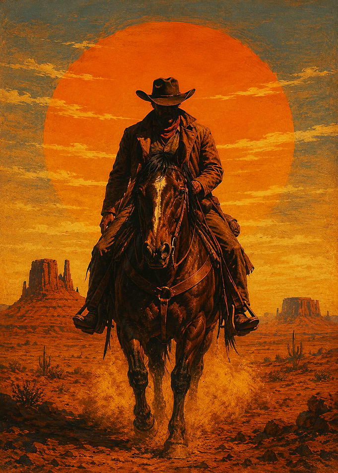Lone Cowboy Riding Through Desert Sunset