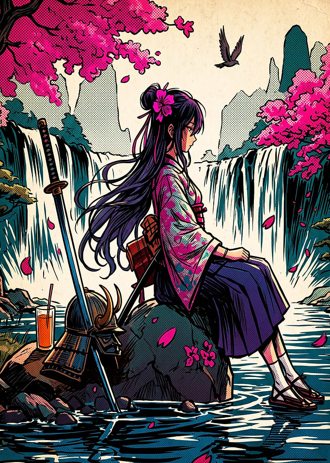 Anime Samurai Girl by Waterfall