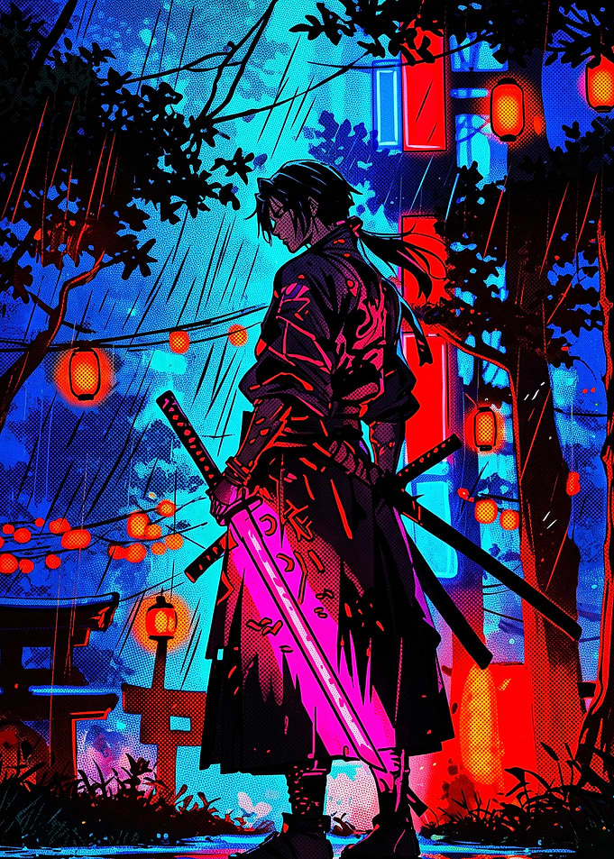 Cyberpunk Samurai in Neon Rain