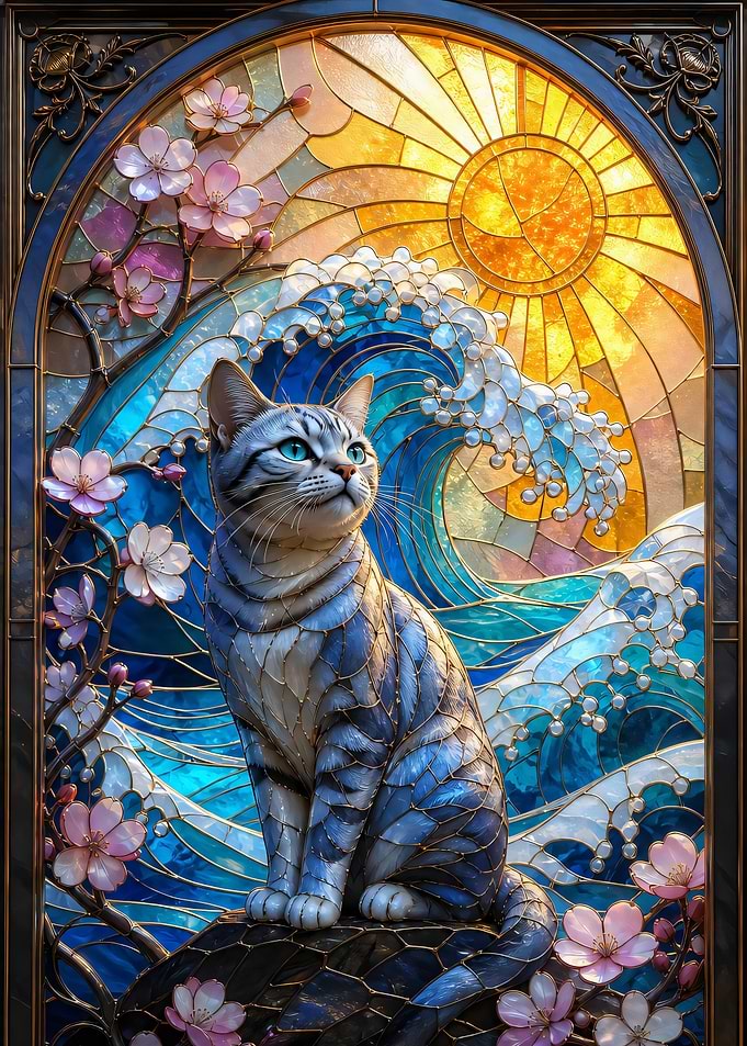 Stained Glass Cat with Ocean Waves