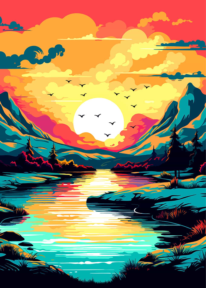 Vibrant Sunset Over Mountain Lake