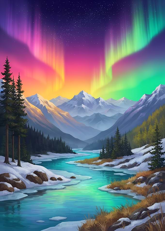 Northern Lights Over Snowy Mountains Nature