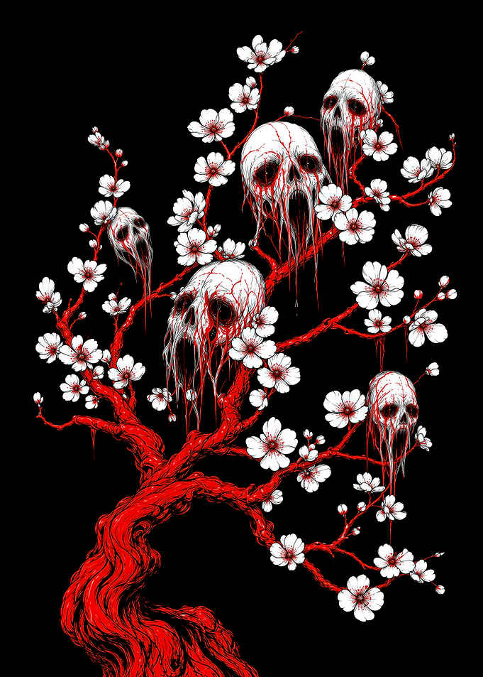 Dark Cherry Blossom Skull Tree