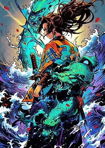 Samurai Warrior with Water Dragons