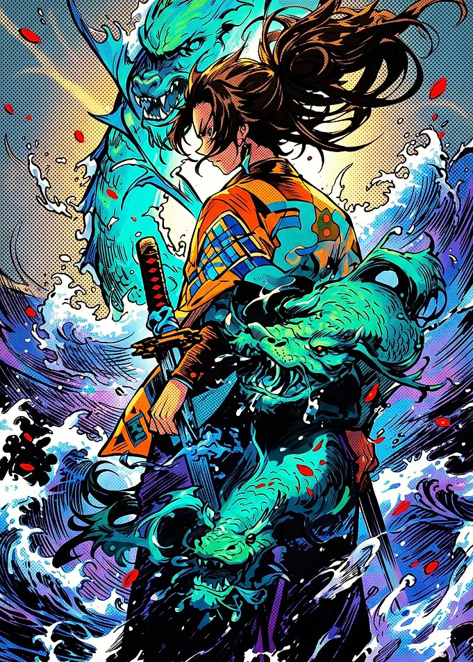 Samurai Warrior with Water Dragons