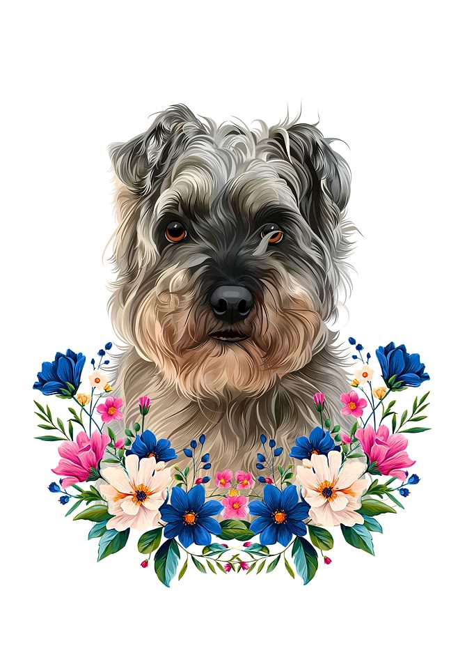Schnauzer Portrait with Floral Wreath