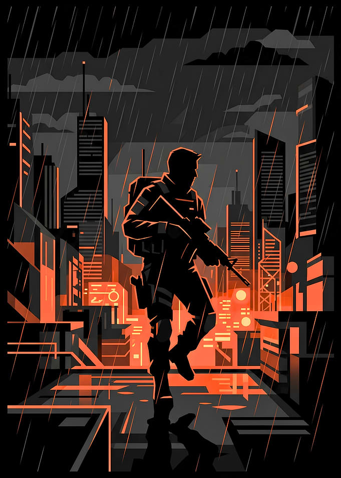 Soldier in a Rainy Cyberpunk City