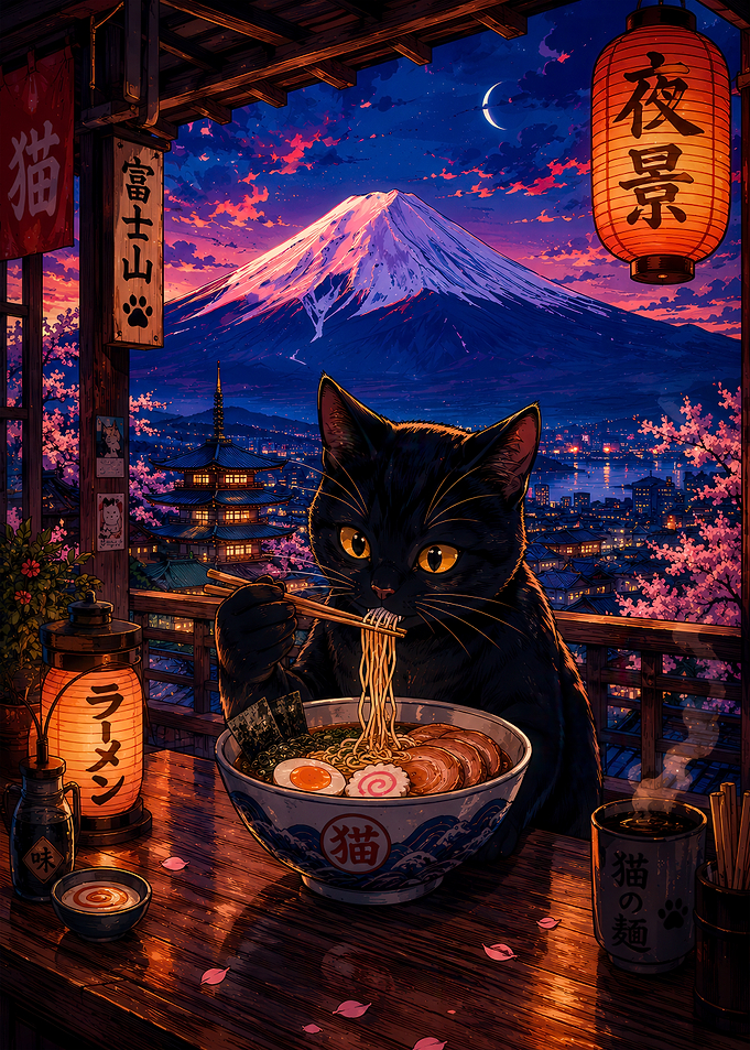 Black Cat Eating Ramen at Sunset