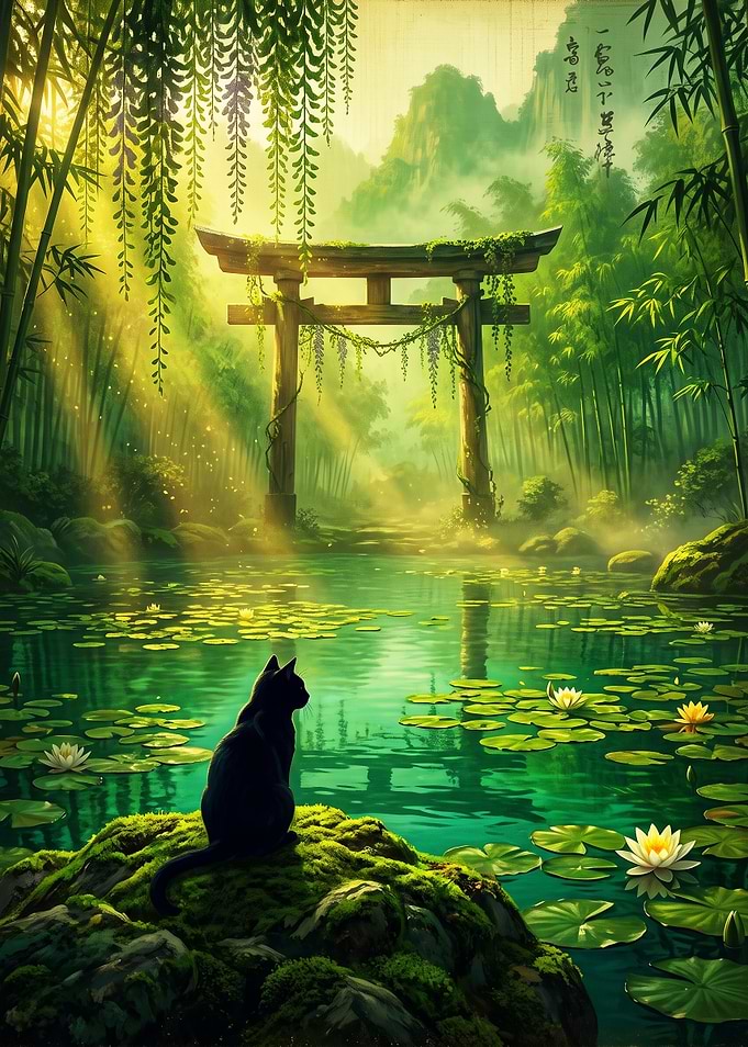 Black Cat at Japanese Torii Gate