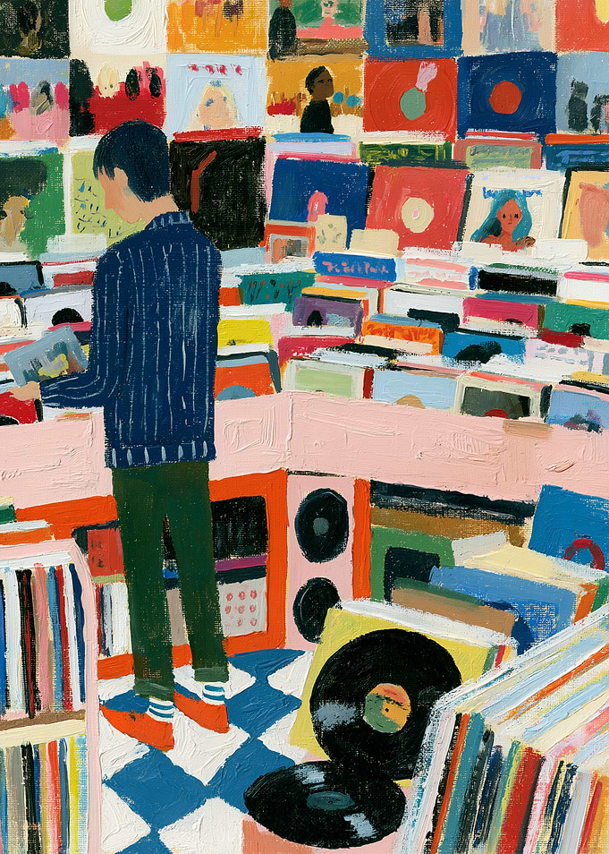 Person Browsing Vinyl Records in Shop