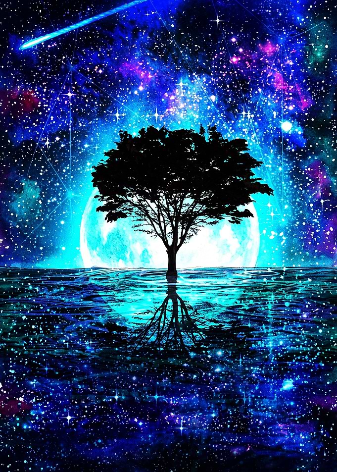 Silhouette Tree Under Cosmic Night Sky
