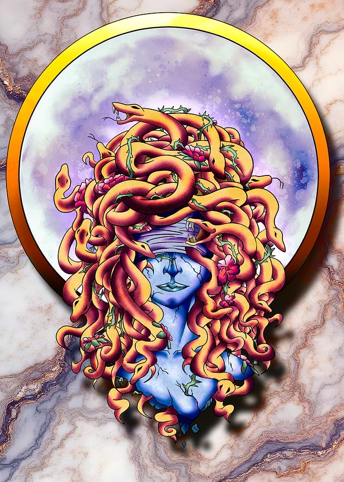 Medusa with Snakes and Flowers