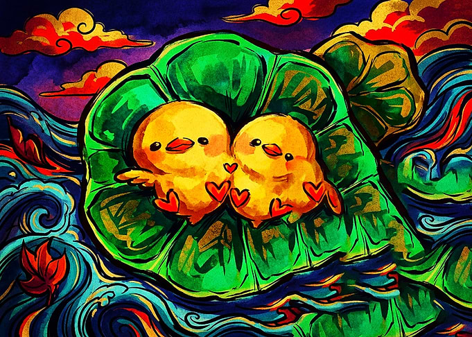 Two Cute Chicks on Lotus Leaf
