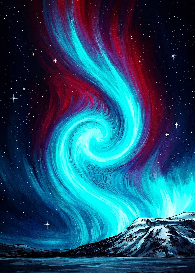 Swirling Aurora Borealis Over Snowy Mountains
