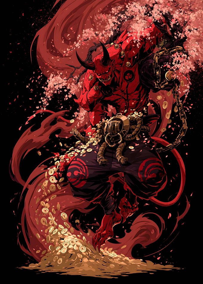 Red Oni Demon with Gold Coins