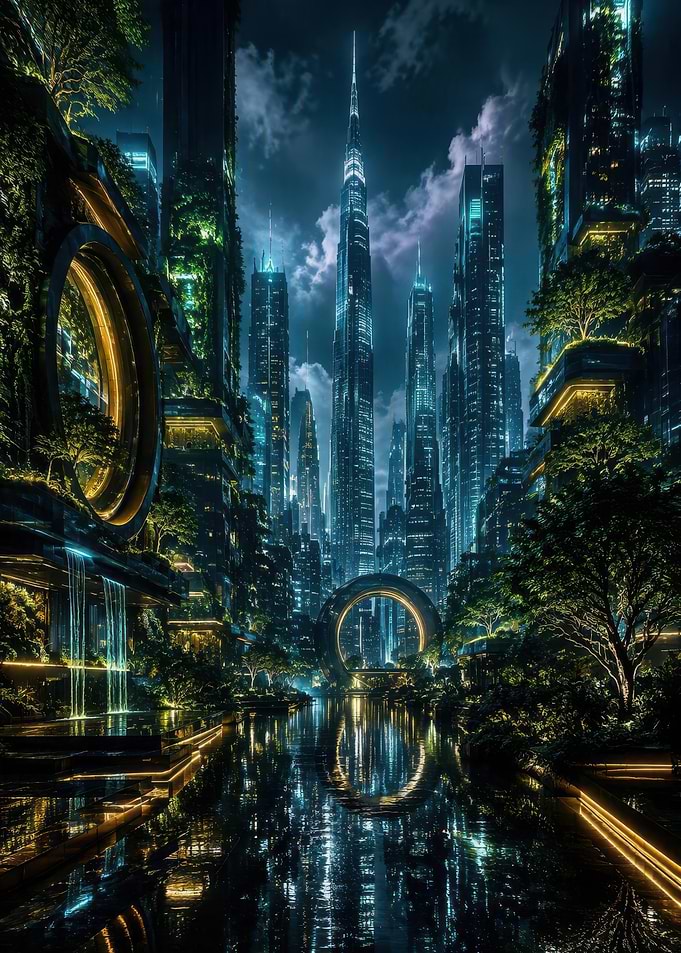 Futuristic Solarpunk City at Night