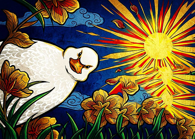 Stylized White Duck in Golden Sun