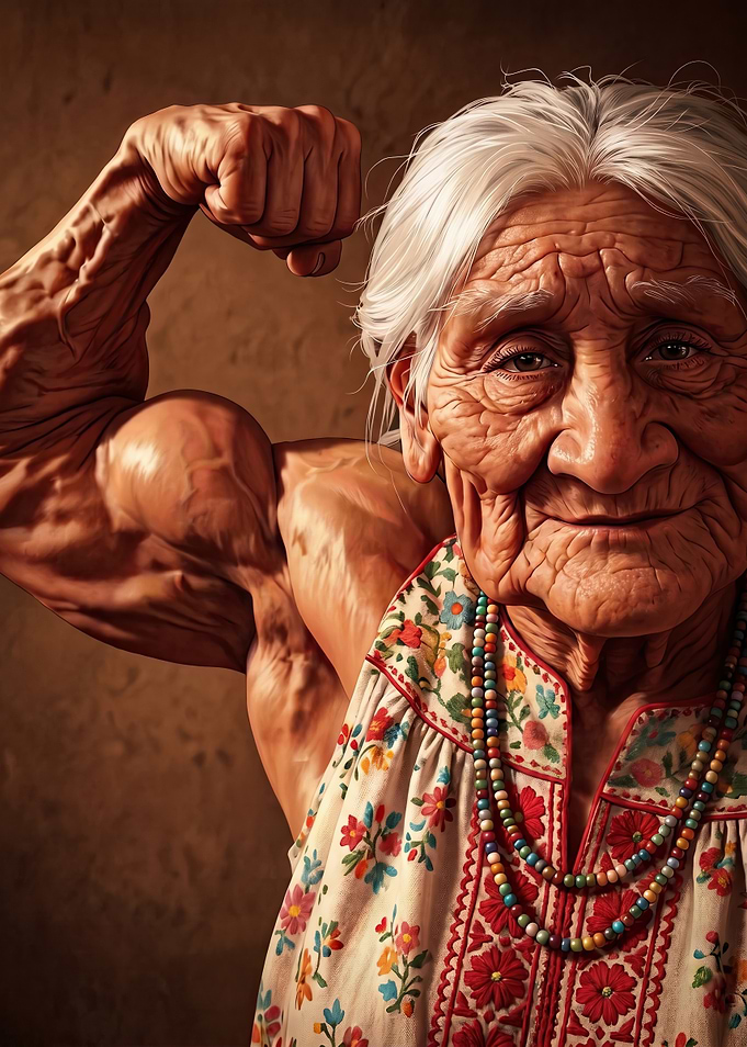 Strong Elderly Woman Flexing Muscles
