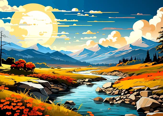 Vibrant Mountain River Landscape Illustration